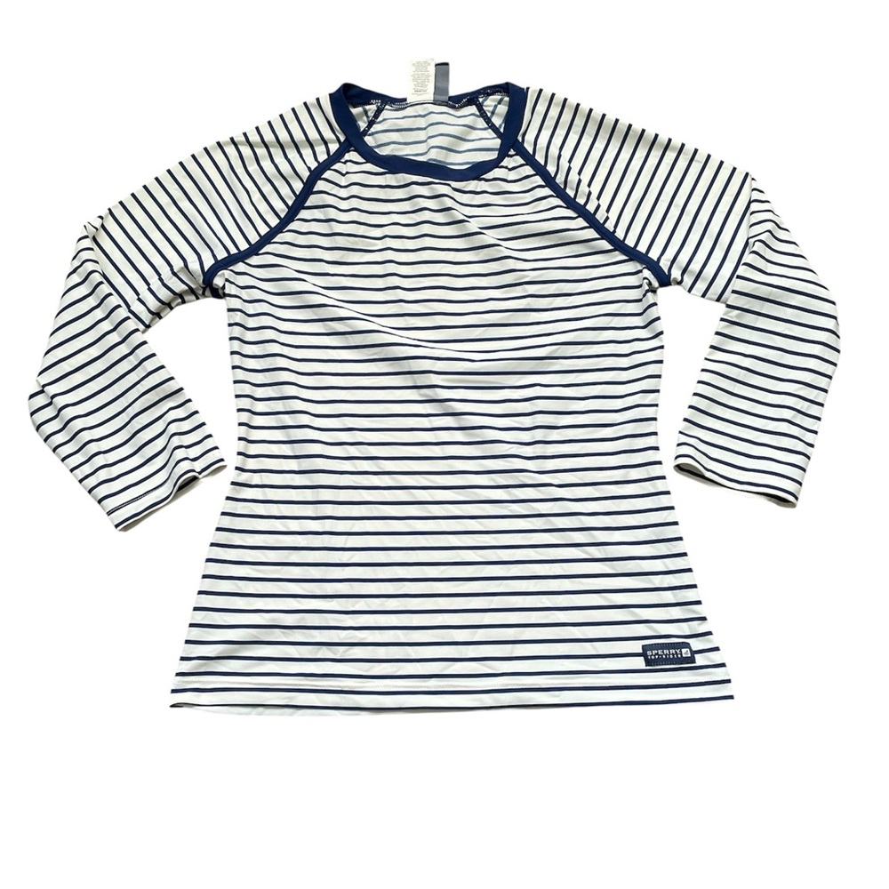 Sperry Top-Sider Navy and White Striped Rash Guard Swim Shirt Coverup Medium